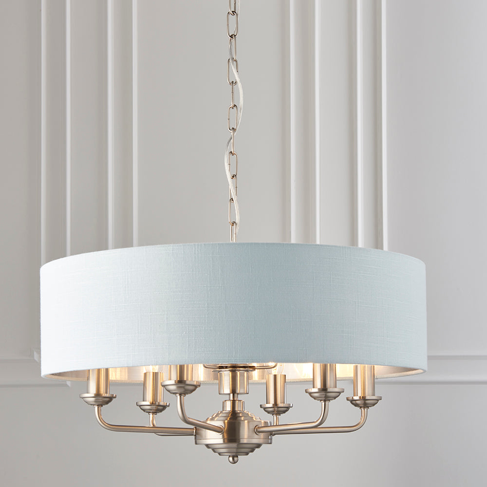 Endon Lighting 94400 Highclere 6Lt Pendant Brushed Chrome Plate & Duck Egg Fabric