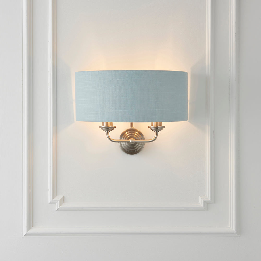 Endon Lighting 94401 Highclere 2Lt Wall Brushed Chrome Plate & Duck Egg Fabric