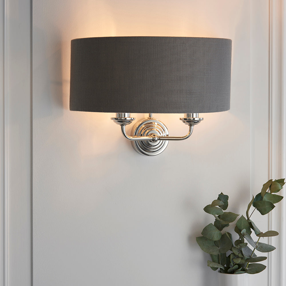 Endon Lighting 94406 Highclere 2Lt Wall Bright Nickel Plate & Charcoal Fabric