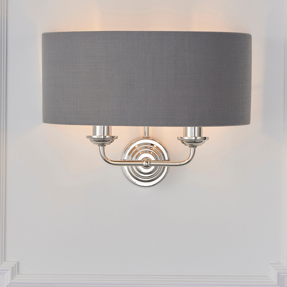 Endon Lighting 94406 Highclere 2Lt Wall Bright Nickel Plate & Charcoal Fabric