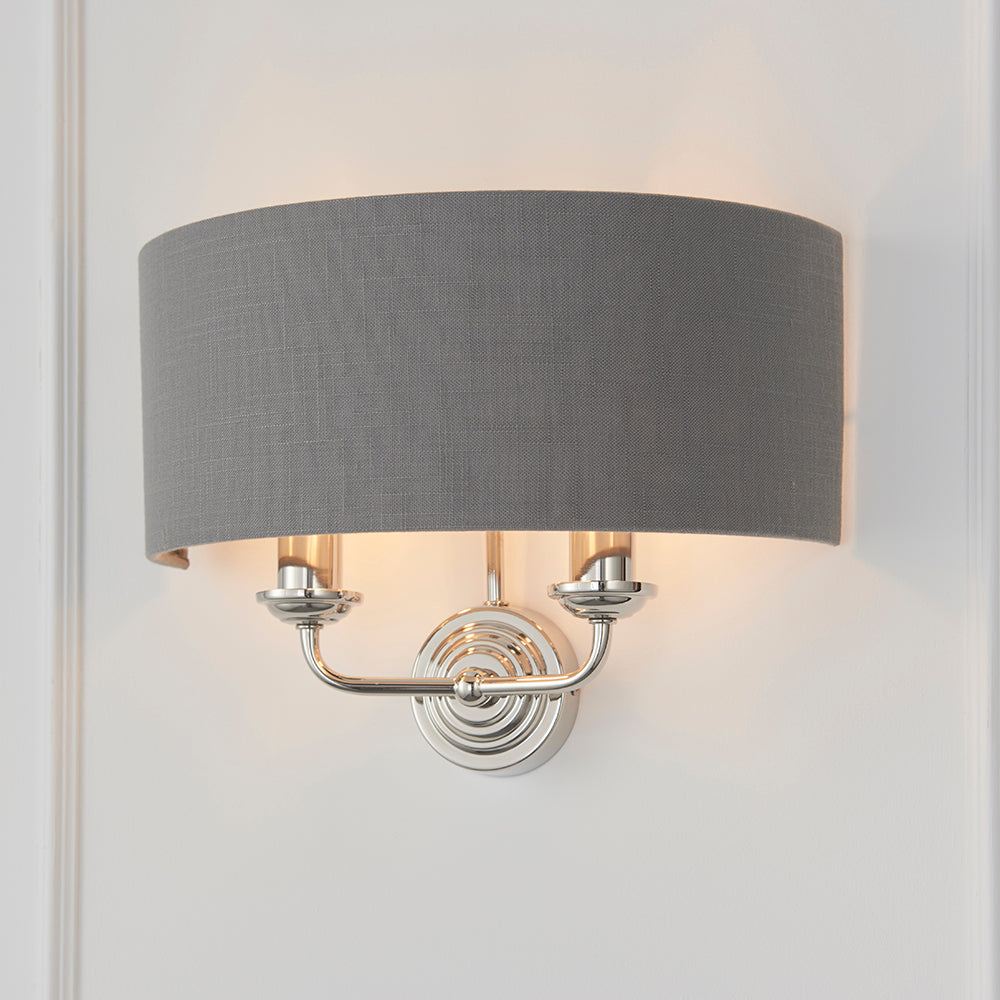 Endon Lighting 94406 Highclere 2Lt Wall Bright Nickel Plate & Charcoal Fabric