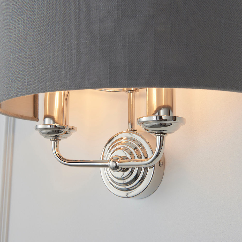 Endon Lighting 94406 Highclere 2Lt Wall Bright Nickel Plate & Charcoal Fabric
