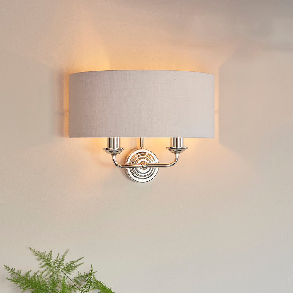 Endon Lighting 94409 Highclere 2Lt Wall Bright Nickel Plate & Silver Fabric