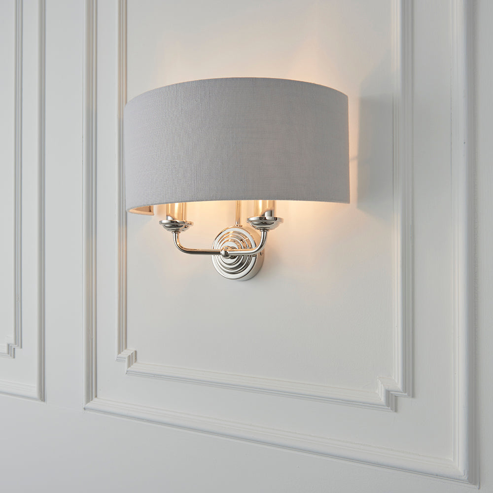Endon Lighting 94409 Highclere 2Lt Wall Bright Nickel Plate & Silver Fabric