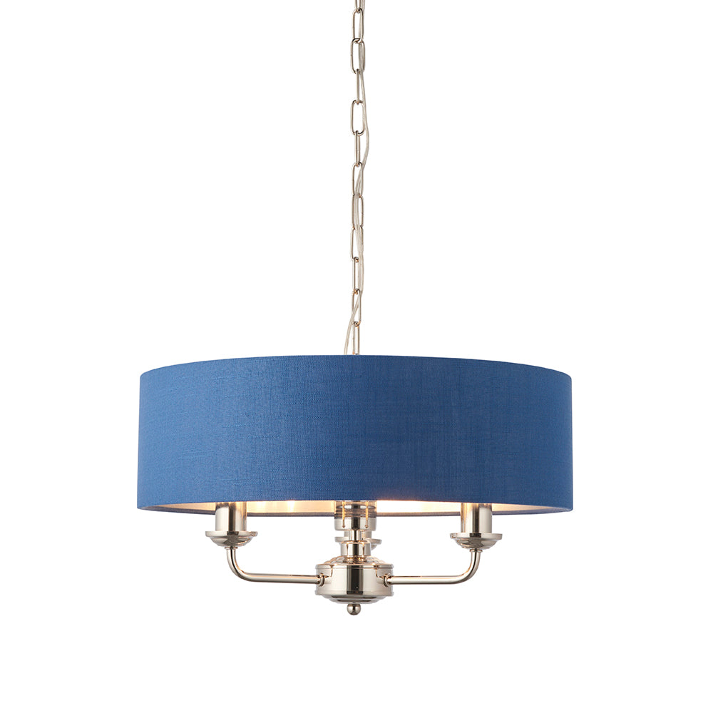 Endon Lighting 94414 Highclere 3Lt Pendant Bright Nickel Plate & Midnight Blue Fabric