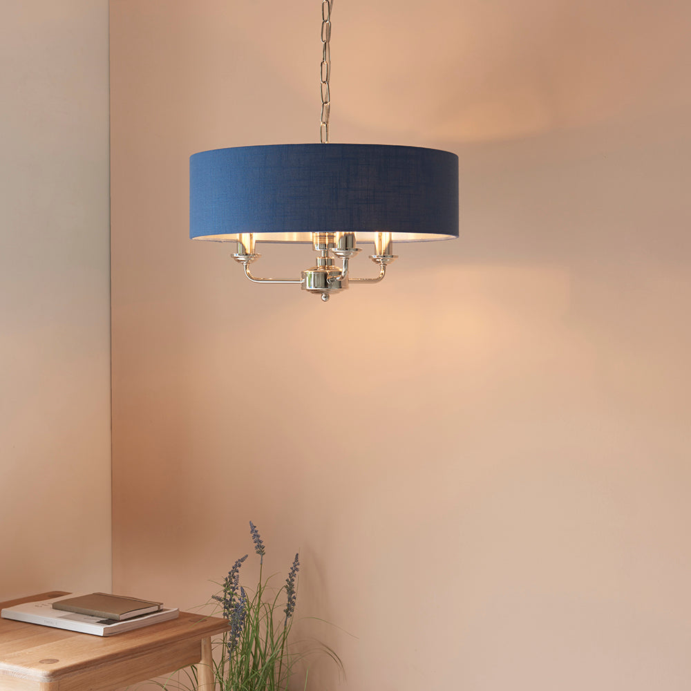 Endon Lighting 94414 Highclere 3Lt Pendant Bright Nickel Plate & Midnight Blue Fabric