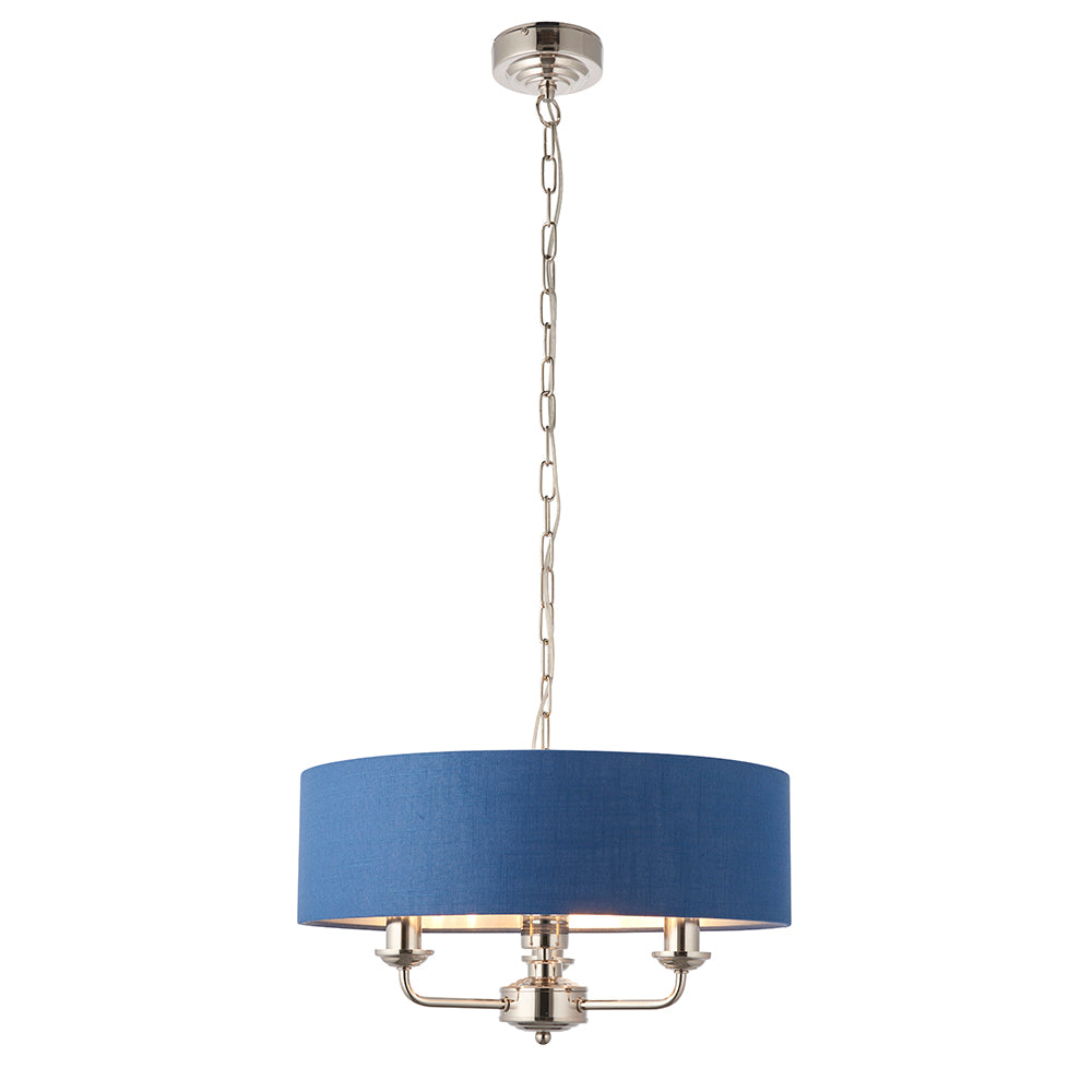 Endon Lighting 94414 Highclere 3Lt Pendant Bright Nickel Plate & Midnight Blue Fabric