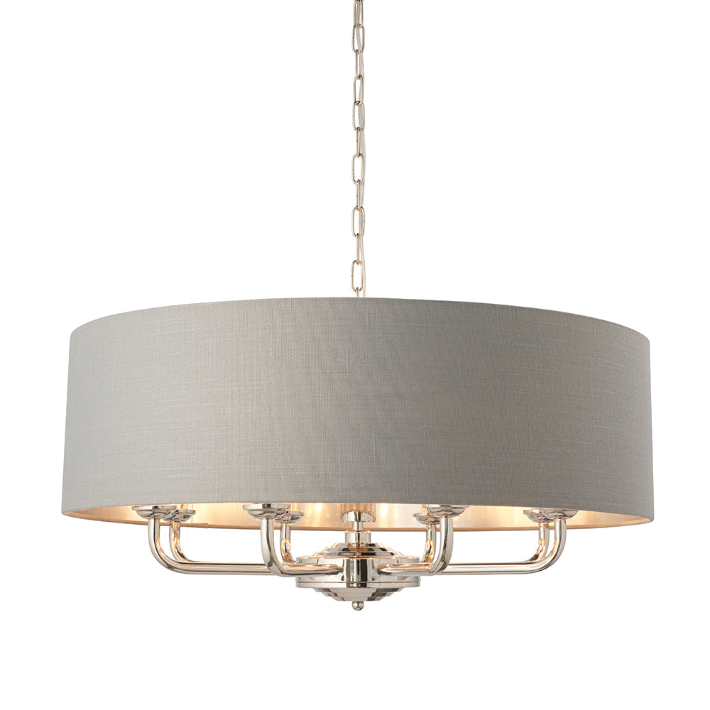 Endon Lighting 94415 Highclere 8Lt Pendant Bright Nickel Plate & Charcoal Fabric