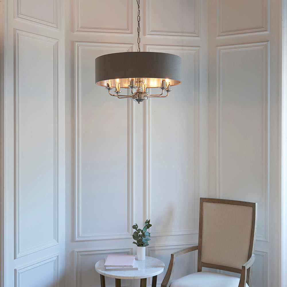 Endon Lighting 94415 Highclere 8Lt Pendant Bright Nickel Plate & Charcoal Fabric