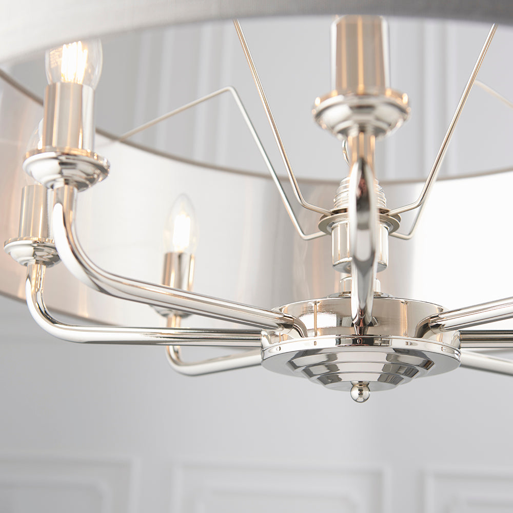 Endon Lighting 94415 Highclere 8Lt Pendant Bright Nickel Plate & Charcoal Fabric