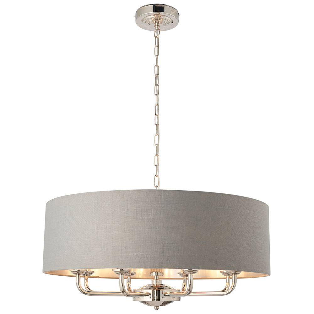 Endon Lighting 94415 Highclere 8Lt Pendant Bright Nickel Plate & Charcoal Fabric