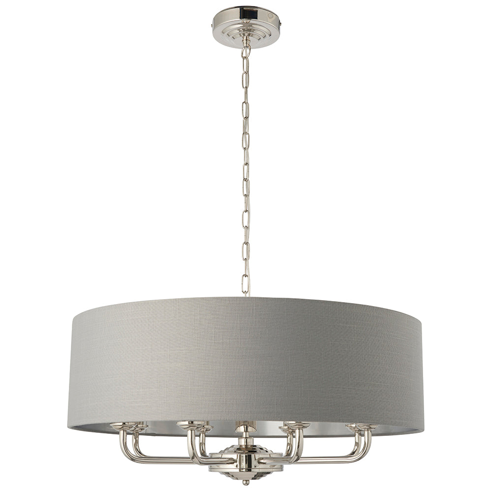 Endon Lighting 94415 Highclere 8Lt Pendant Bright Nickel Plate & Charcoal Fabric