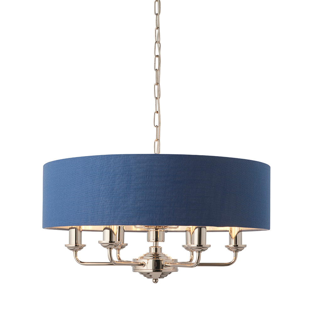 Endon Lighting 94416 Highclere 6Lt Pendant Bright Nickel Plate & Midnight Blue Fabric
