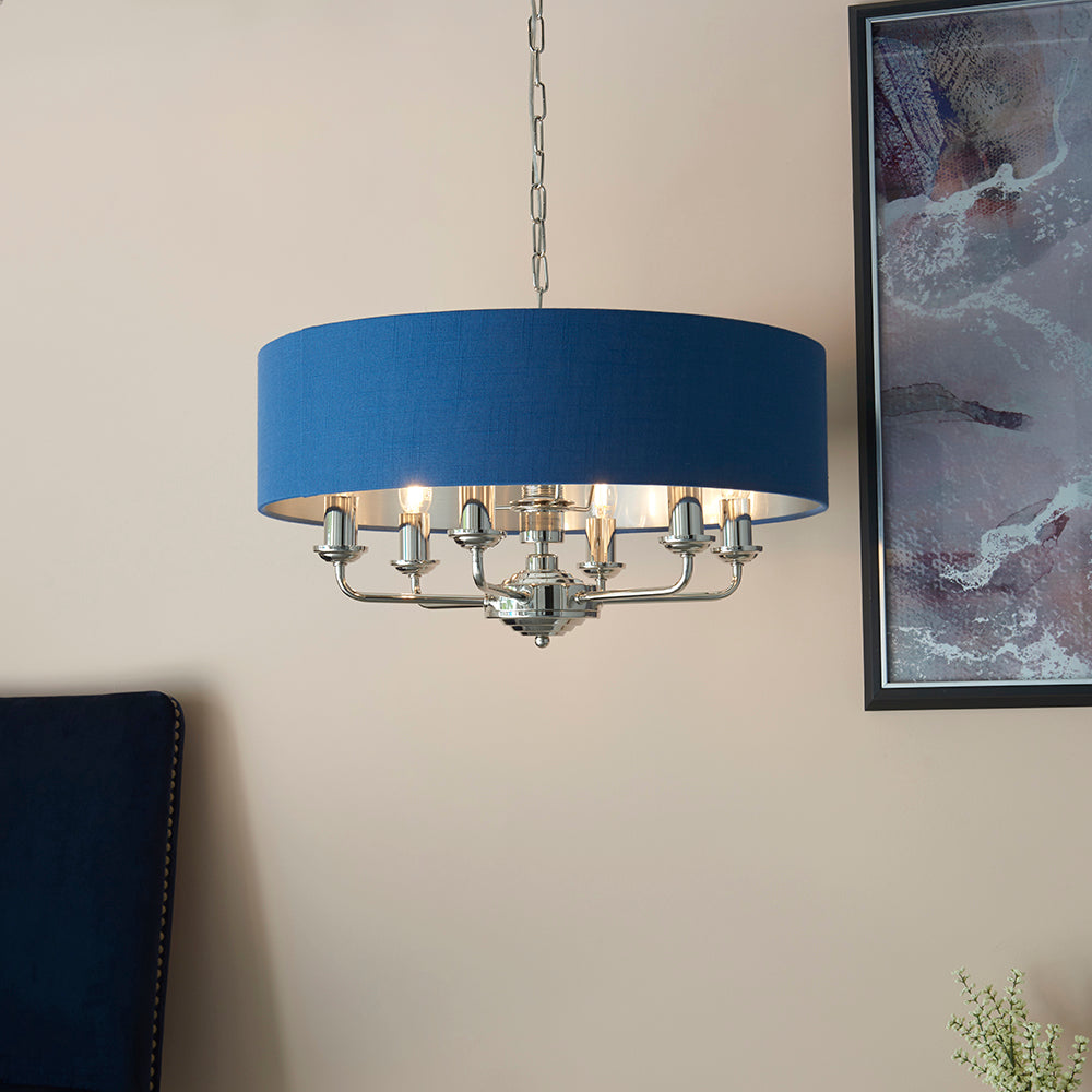 Endon Lighting 94416 Highclere 6Lt Pendant Bright Nickel Plate & Midnight Blue Fabric