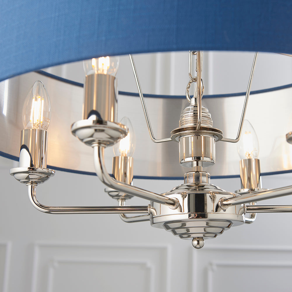 Endon Lighting 94416 Highclere 6Lt Pendant Bright Nickel Plate & Midnight Blue Fabric