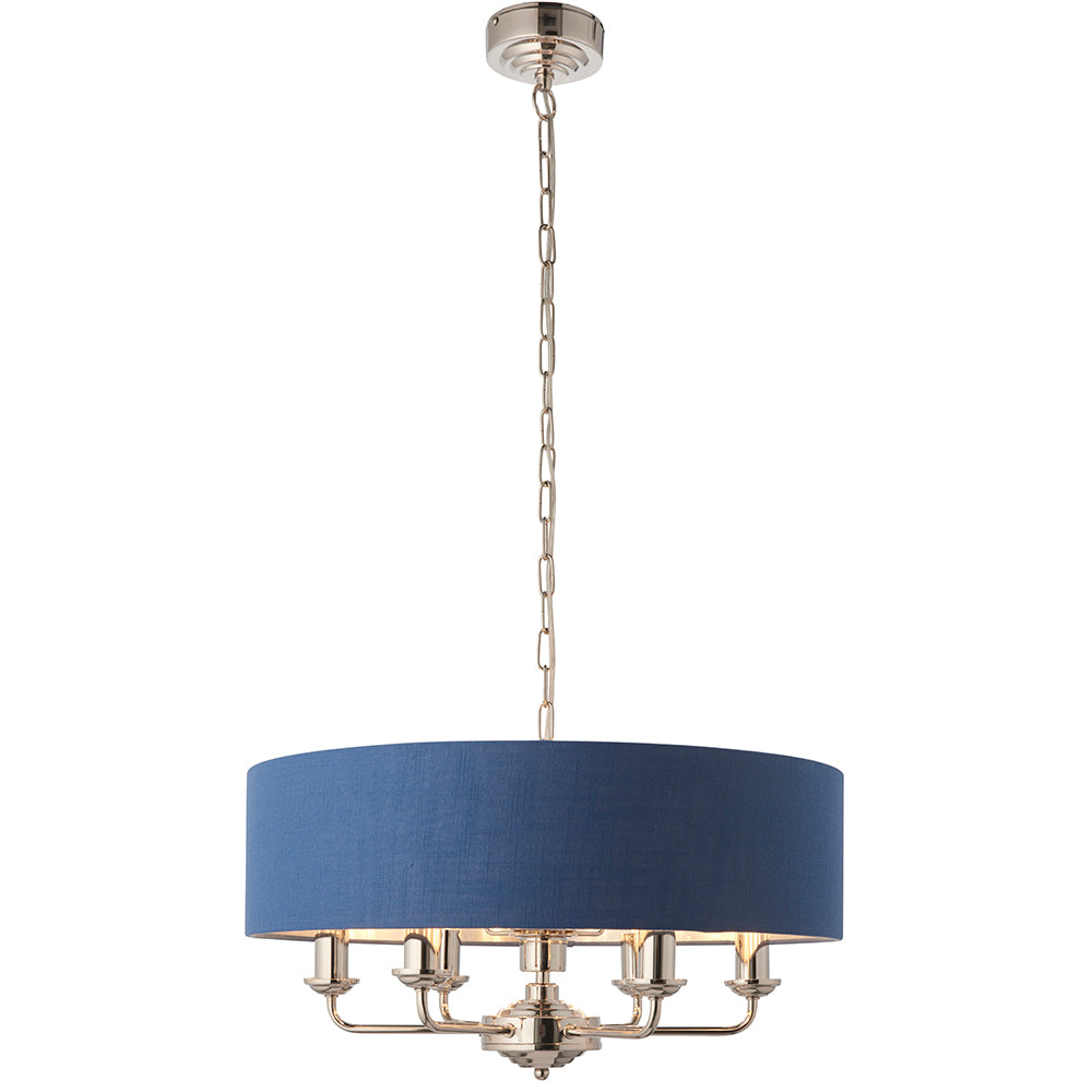 Endon Lighting 94416 Highclere 6Lt Pendant Bright Nickel Plate & Midnight Blue Fabric