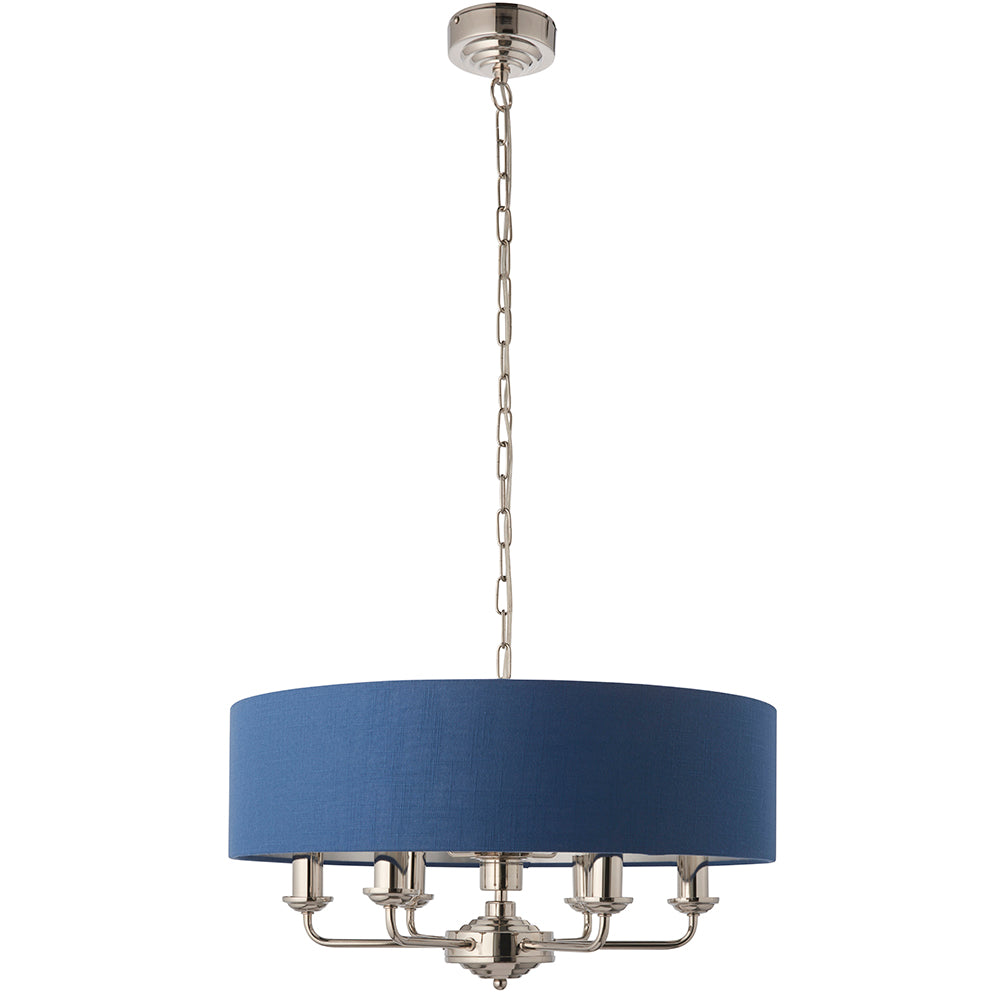 Endon Lighting 94416 Highclere 6Lt Pendant Bright Nickel Plate & Midnight Blue Fabric