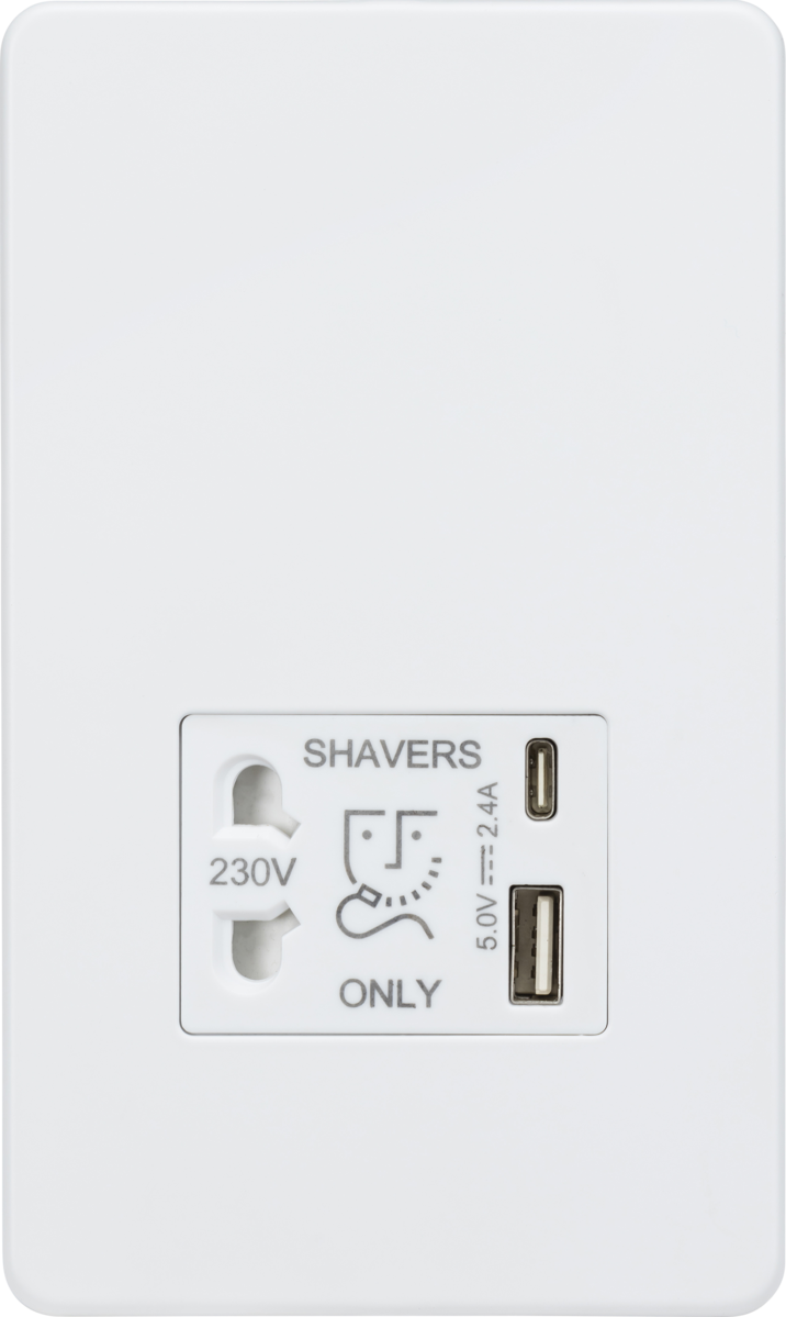 Shaver socket with dual USB A+C (5V DC 2.4A shared) - matt white