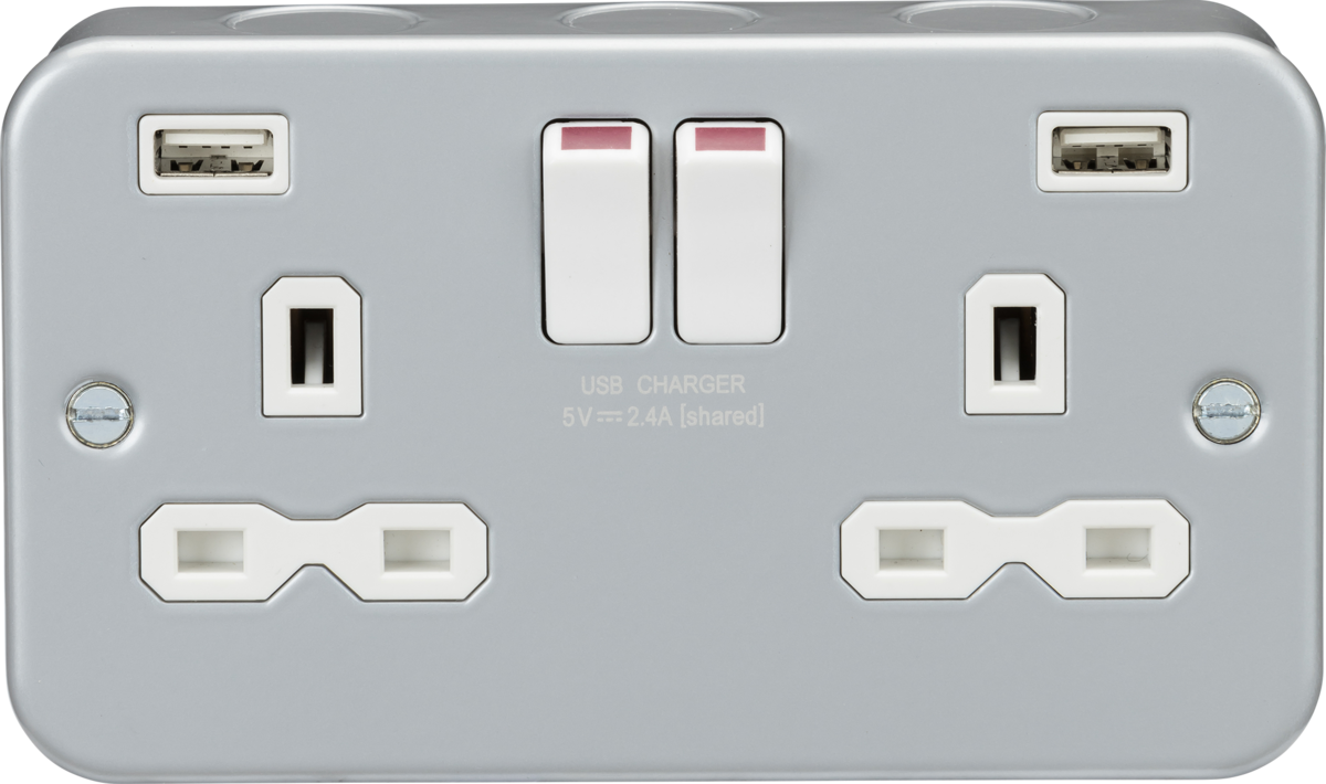 Metal Clad 13A 2G Switched Socket with Dual USB Charger (2.4A)