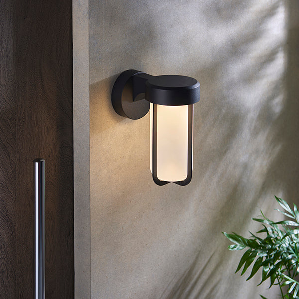 Die-cast IP44 black & frosted glass LED wall light