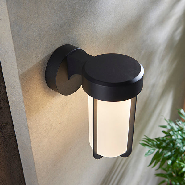 Die-cast IP44 black & frosted glass LED wall light