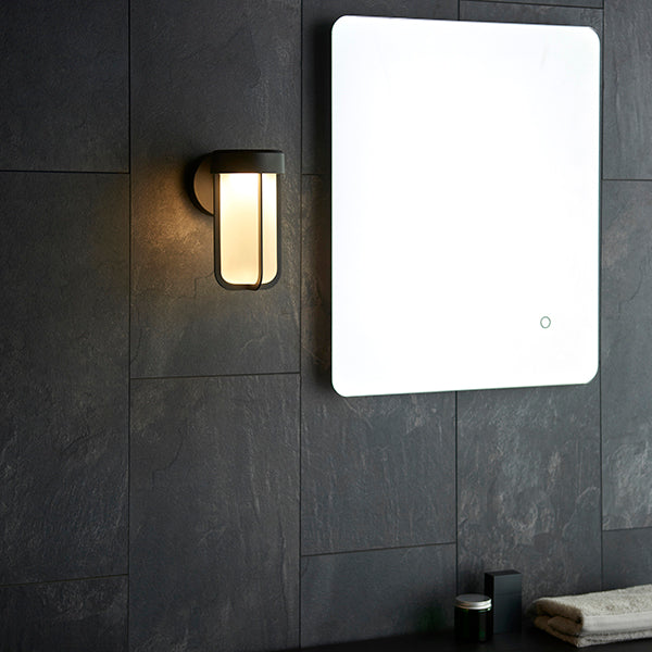 Die-cast IP44 black & frosted glass LED wall light