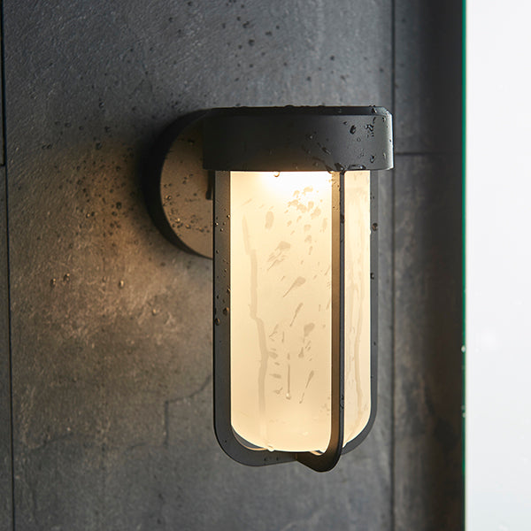 Die-cast IP44 black & frosted glass LED wall light