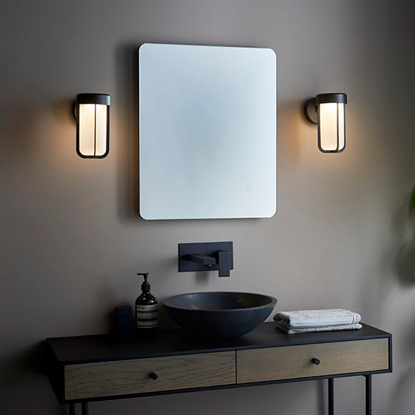 Die-cast IP44 black & frosted glass LED wall light