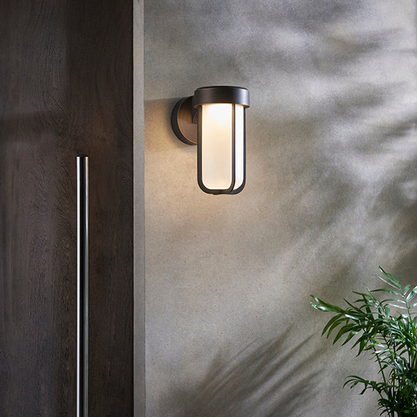 Die-cast IP44 brushed bronze & frosted glass LED wall light