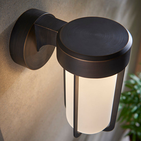 Die-cast IP44 brushed bronze & frosted glass LED wall light