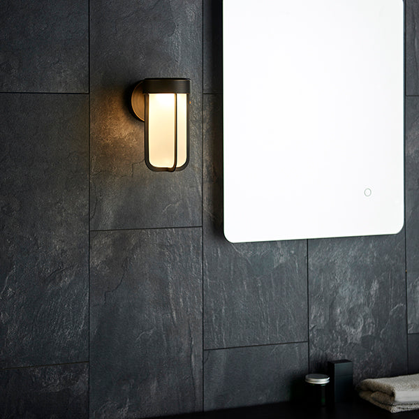 Die-cast IP44 brushed bronze & frosted glass LED wall light