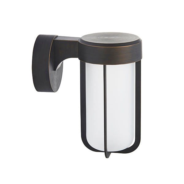 Die-cast IP44 brushed bronze & frosted glass LED wall light