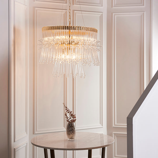 XL gold plated chandelier with glass rods