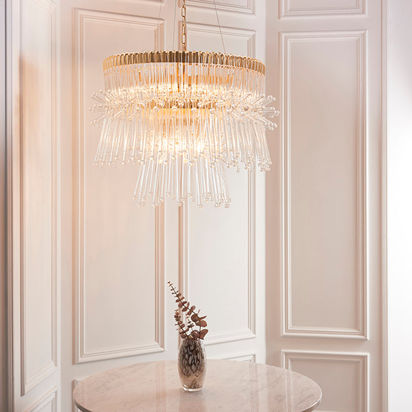 XL gold plated chandelier with glass rods