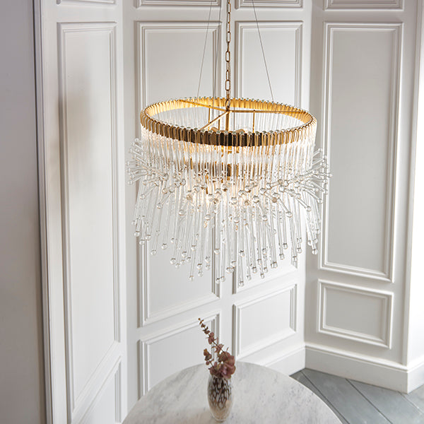 XL gold plated chandelier with glass rods