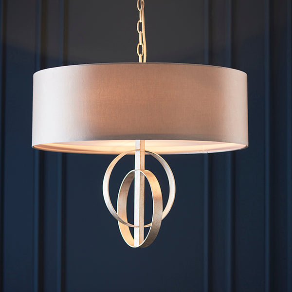 Double hoop silver leaf pendant light with XL mink shade