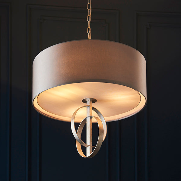 Double hoop silver leaf pendant light with XL mink shade