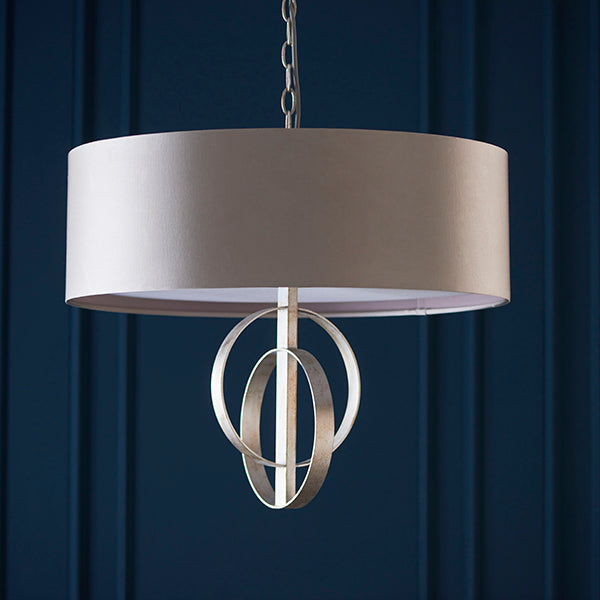 Double hoop silver leaf pendant light with XL mink shade