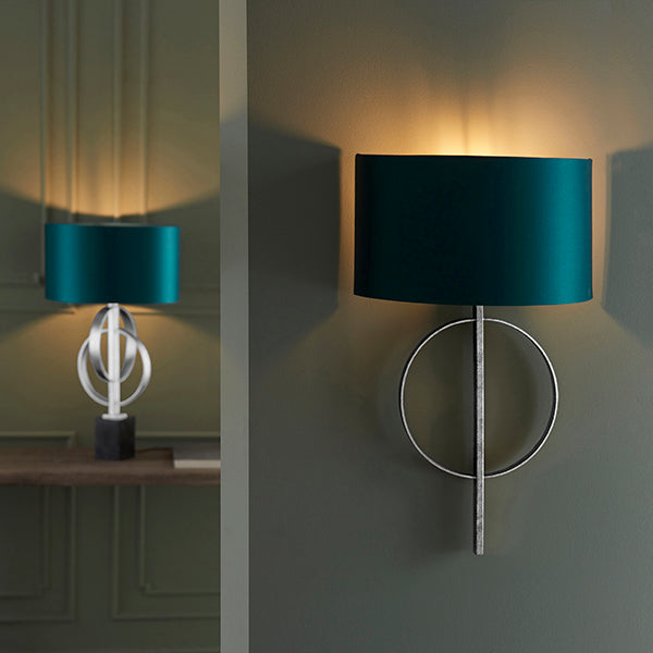 Hoop silver leaf wall light with teal shade