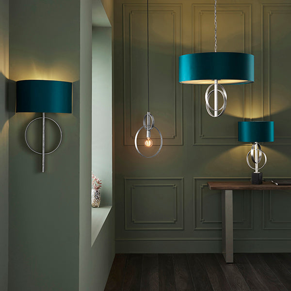 Hoop silver leaf wall light with teal shade