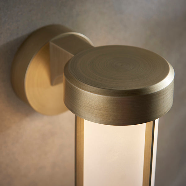 Die-cast IP44 brushed gold & frosted glass LED wall light
