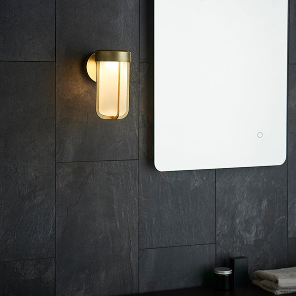 Die-cast IP44 brushed gold & frosted glass LED wall light