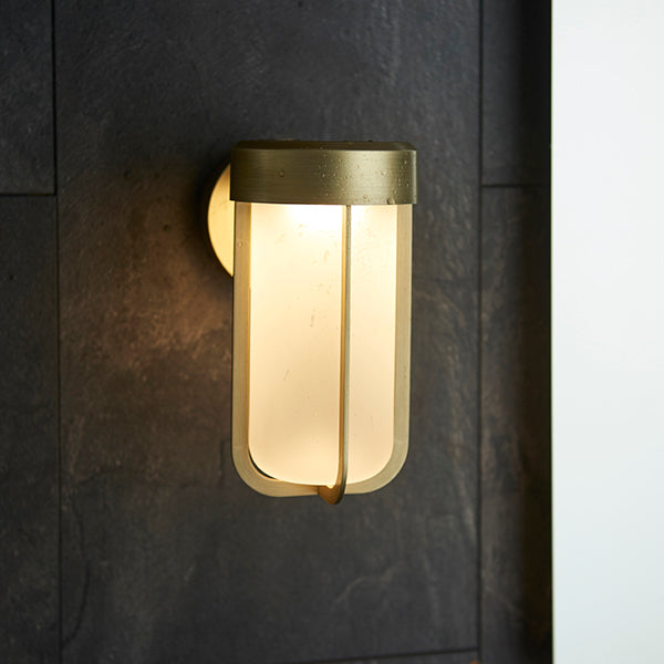 Die-cast IP44 brushed gold & frosted glass LED wall light