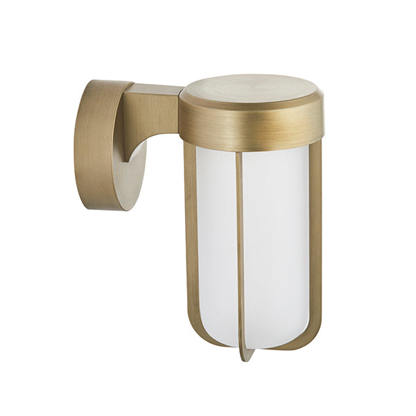 Die-cast IP44 brushed gold & frosted glass LED wall light