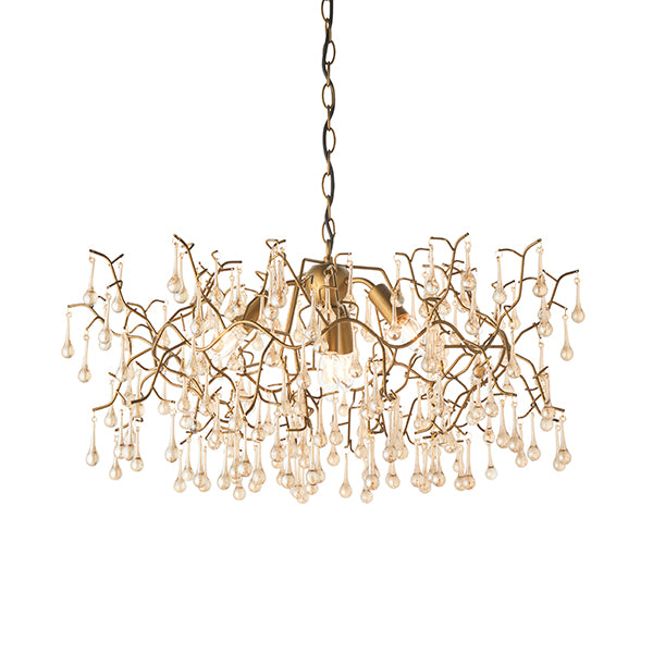 Aged gold branch chandelier with glass droplets