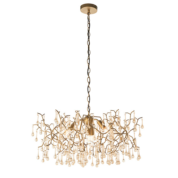 Aged gold branch chandelier with glass droplets