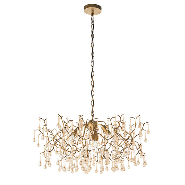 Aged gold branch chandelier with glass droplets