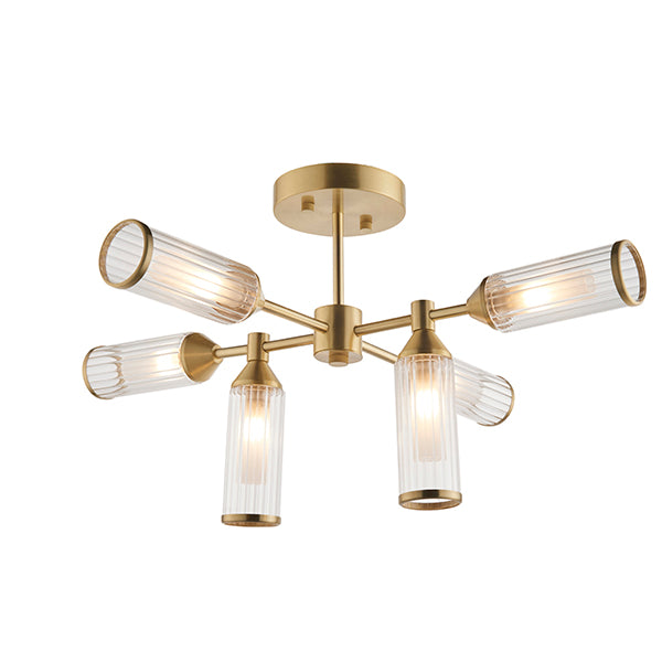 Ribbed and frosted glass satin brass semi-flush