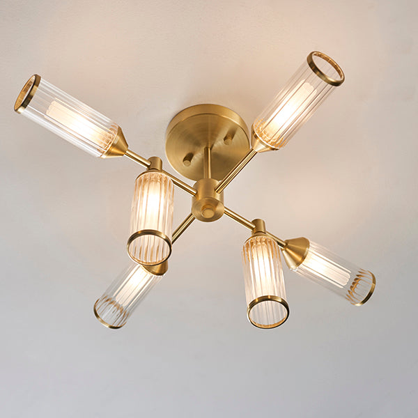 Ribbed and frosted glass satin brass semi-flush