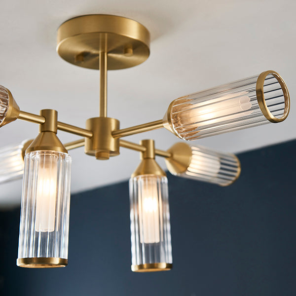 Ribbed and frosted glass satin brass semi-flush
